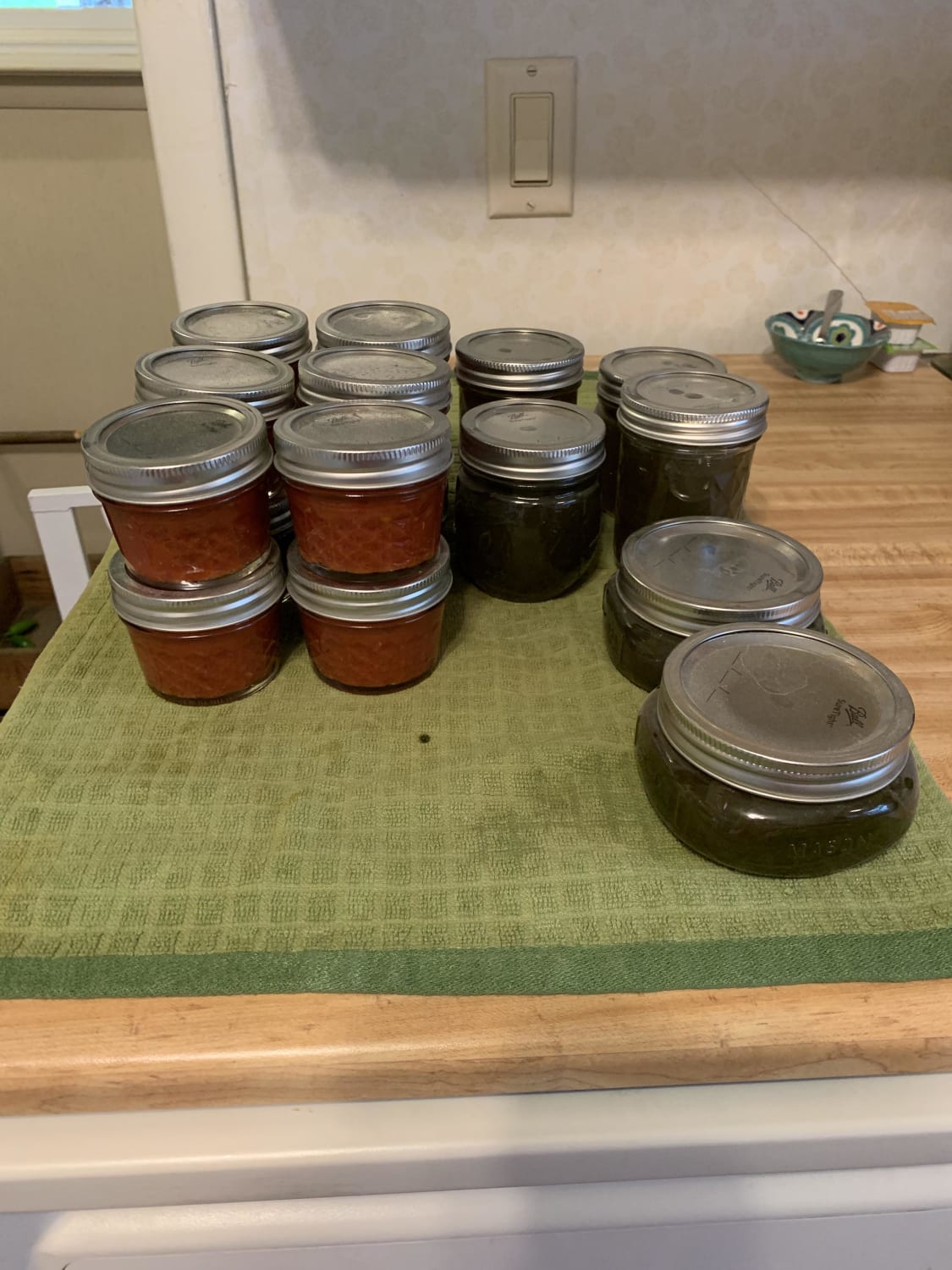 Yesterday’s tomato paste and jalapeño pepper jelly. Long day, but it all tastes delicious!