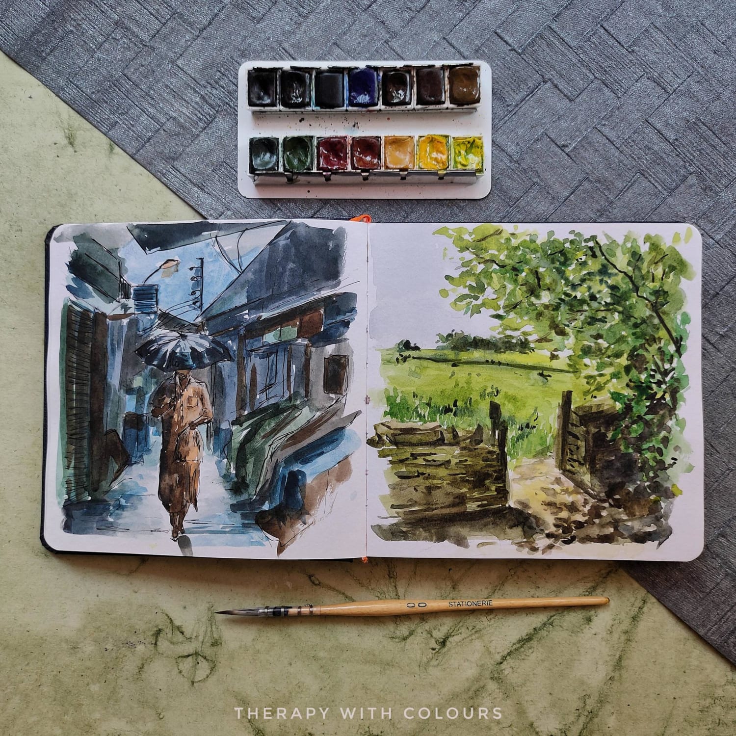 A sketchbook spread showing two different atmospheres: a monsoon mood and a summer vibe.