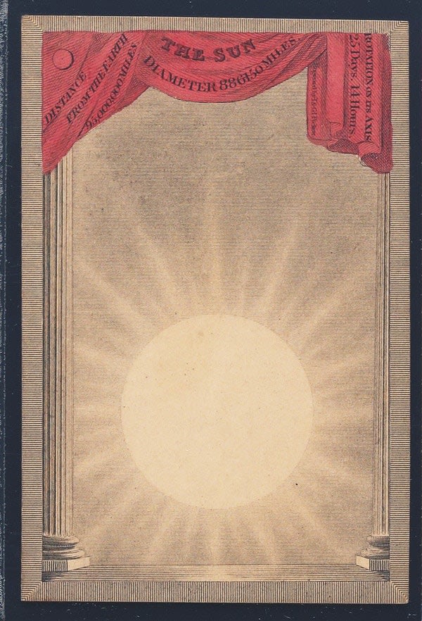 The Sun card from the summer "suit" of the Astronomia playing card deck, published in 1829. Featuring 3 other seasonal suits, the pack was used to play two games — Conjunction and Combination — which were trumps-based, similar to Whist. More here: