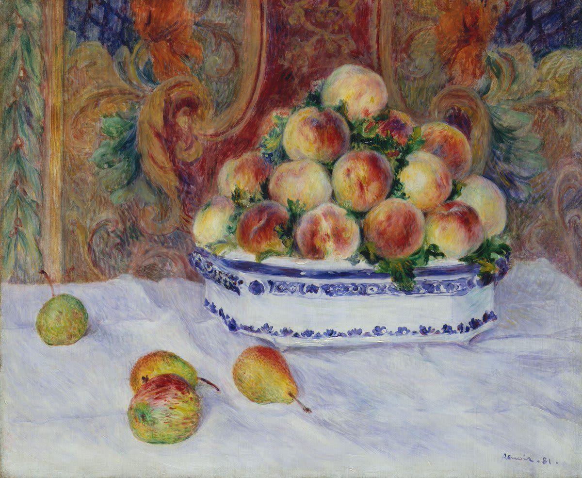 Happy birthday to Auguste Renoir who brought this peachy keen scene to life. 🎨🍑 Reviewers in 1882 were dazzled by this "very appealing" still life of "a certain fruit bowl of 'Peaches,' whose velvety execution verges on a trompe l'oeil." Learn more: