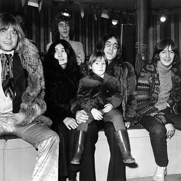 Rock Gods (and Yoko): Brian Jones, Roger Daltrey, John Lennon and Eric Clapton. Bonus, young Julian. December 1968