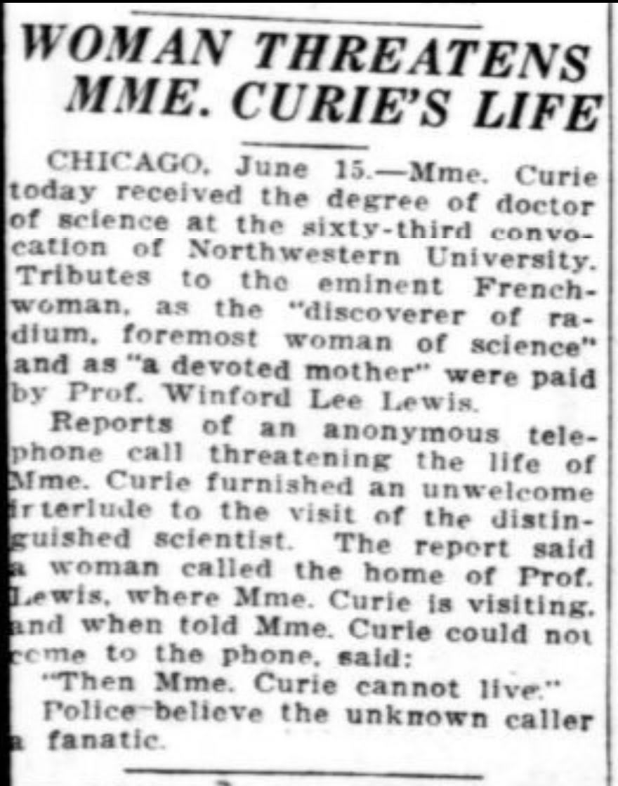 Polish-French scientist Marie Curie receives an honorary degree at the 63rd Convocation Ceremony of Northwestern University in Chicago.