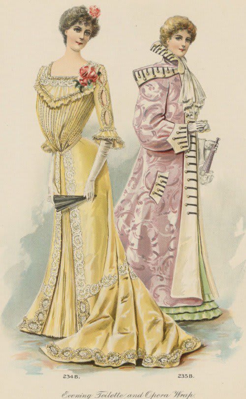 Opulent evening gown &opera coat depicted in The Delineator 1901