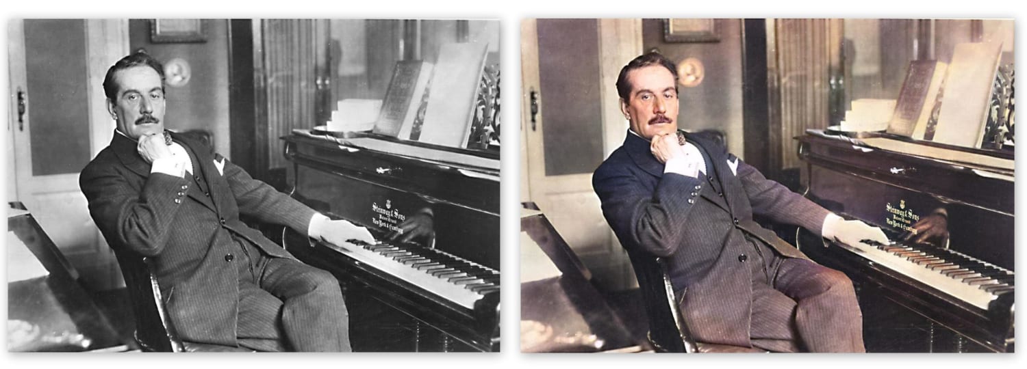 Only relied upon Deep Learning/AI (pre-trained model) with Python, BGR color lib., etc to colorize his majesty's one of B&W images. Puccini (circa 1914).