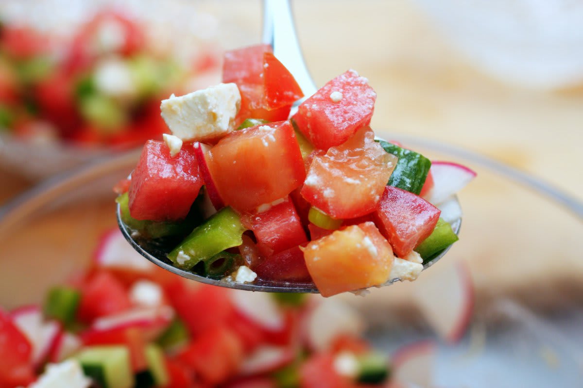 Watermelon, feta, diced vegetables, and absolutely no cooking is the mood of this perfect Saturday afternoon.