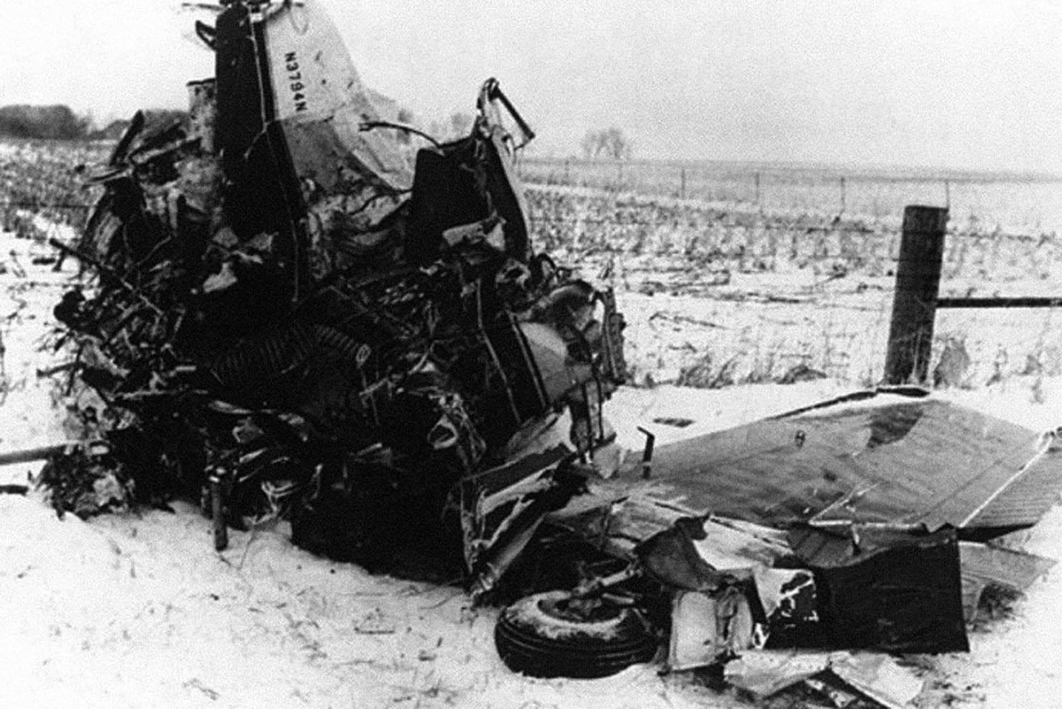 The Day the Music Died. The wreckage of the plane that carried rock and roll musicians Buddy Holly, Ritchie Valens, and "The Big Bopper" J. P. Richardson, which crashed near Clear Lake, Iowa. 3 February 1959.