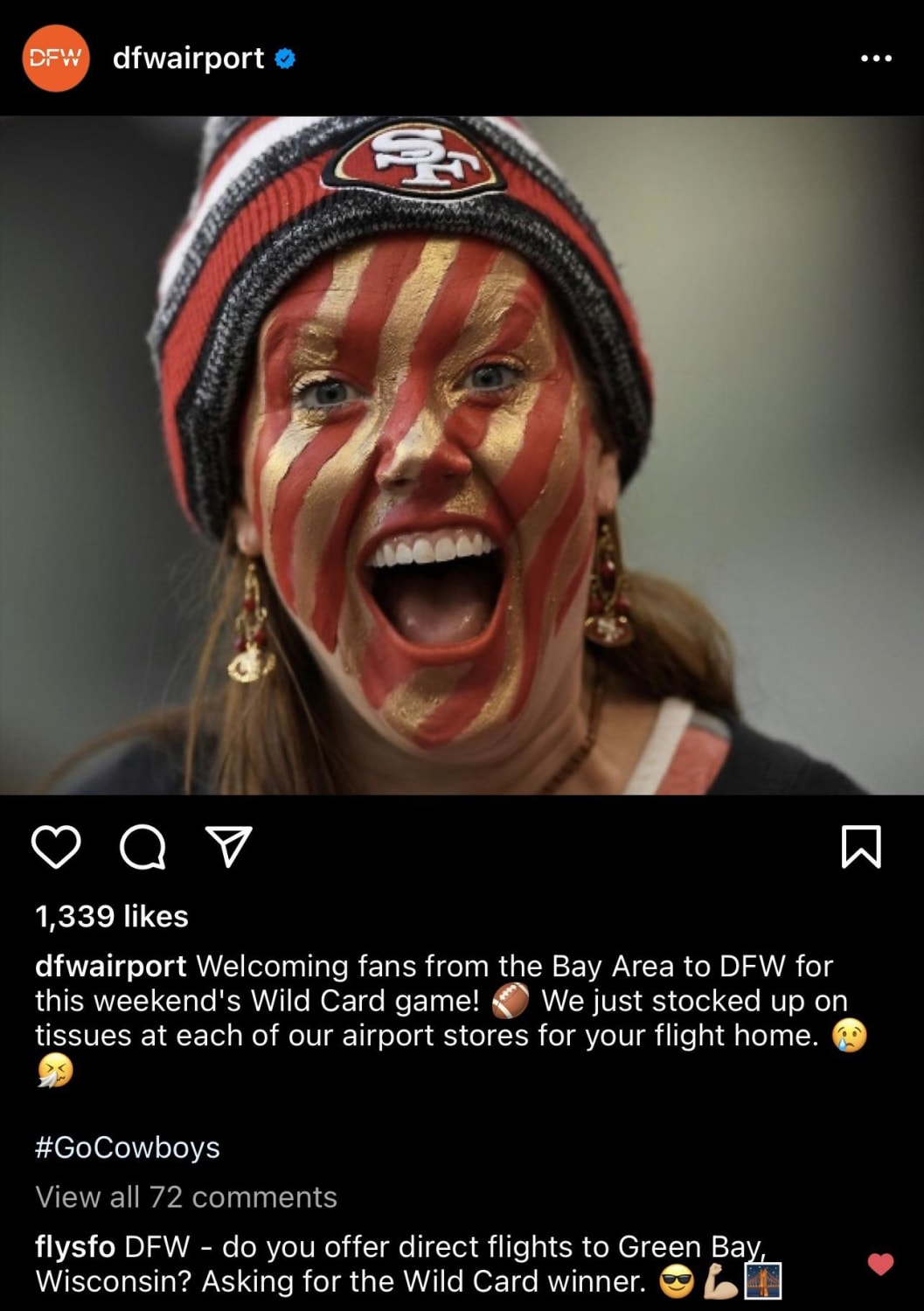 SFO’s IG making Dallas/Ft. Worth airport eat their own words in the comments