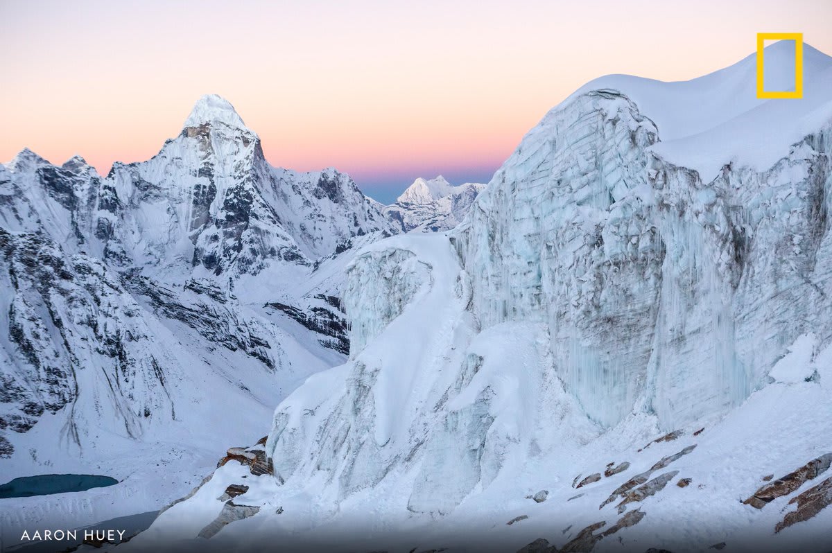 Ama Dablam and a hanging glacier, as seen from Island Peak, at sunrise in this image captured by photographer Aaron Huey in Khumbu, Nepal.