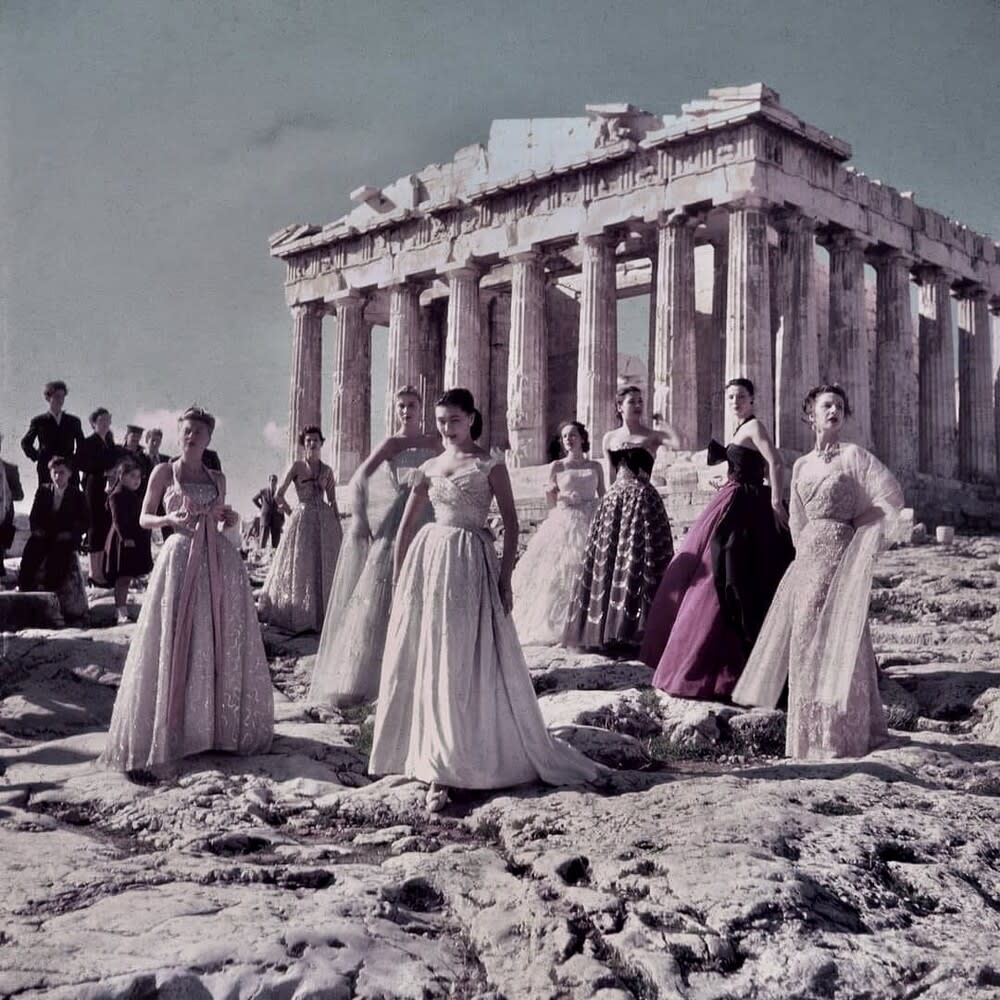 Dior Fashion show in Athens, Greece (December 1951) - Models were posing in front of the Parthenon