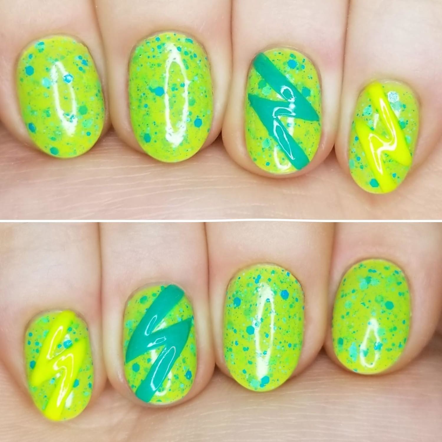 Glam Polish "Don't Be Such a Guppy" with Moon Shine Mani "Cowabunga!" and Color Club "Yellin' Yellow"