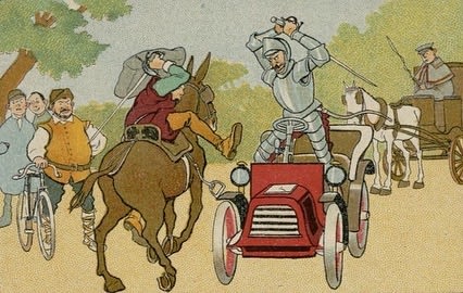 Postcards by Pedro de Rojas reimagining the adventures of Don Quixote for the 20th century. We see the Knight of the Melancholy Countenance ballooning into windmills and fighting with a park ranger (identified in the caption as the Knight of the Forest):