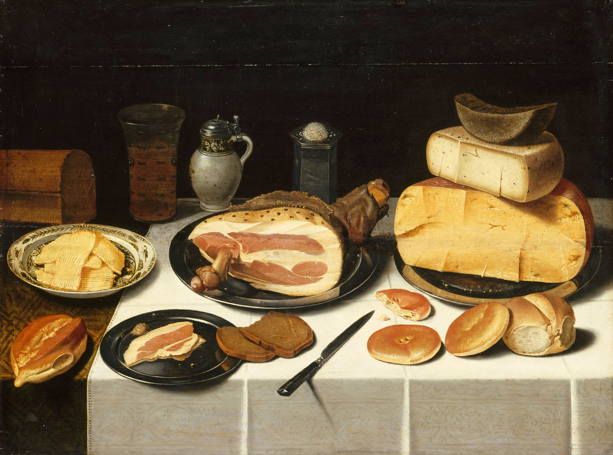 [#WorkOfTheDay] In this ham still life, observe the clues that suggest that the guests are enjoying this succulent meal. There are knife marks visible on the cheese, one of the pancakes has been nibbled... ☛