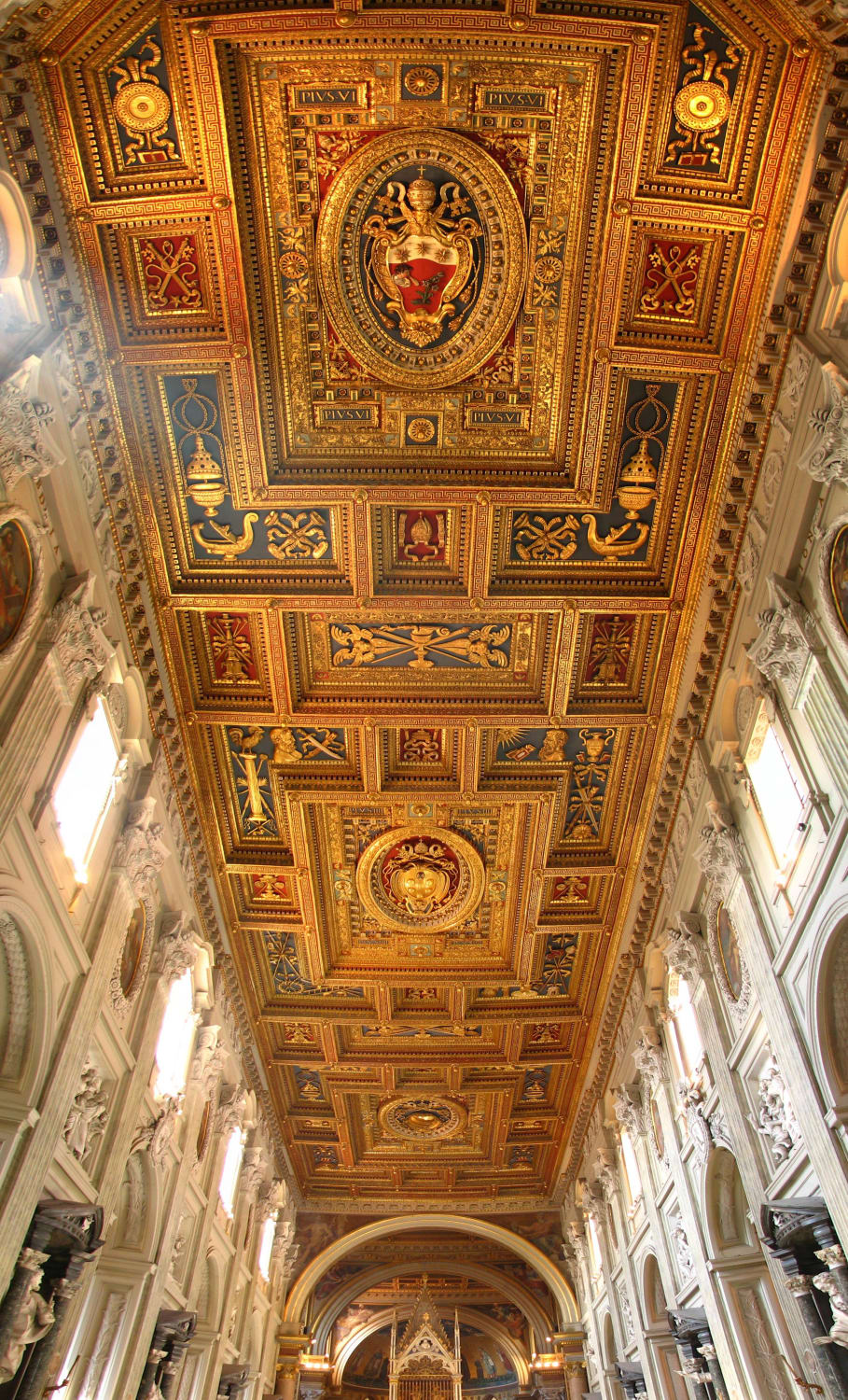 The decorated ceiling of the Papal Archbasilica of Saint John Lateran in Rome, Italy.