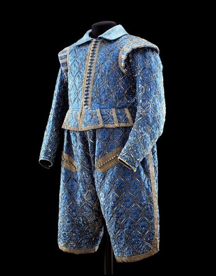 Historical fashion, 17th century. A suit tailored for the Elector of Saxony, Christian II, ca. 1605 and displayed at the Dresden Armory. The Elector's matching dress Rapier is a must see pic in the comments.