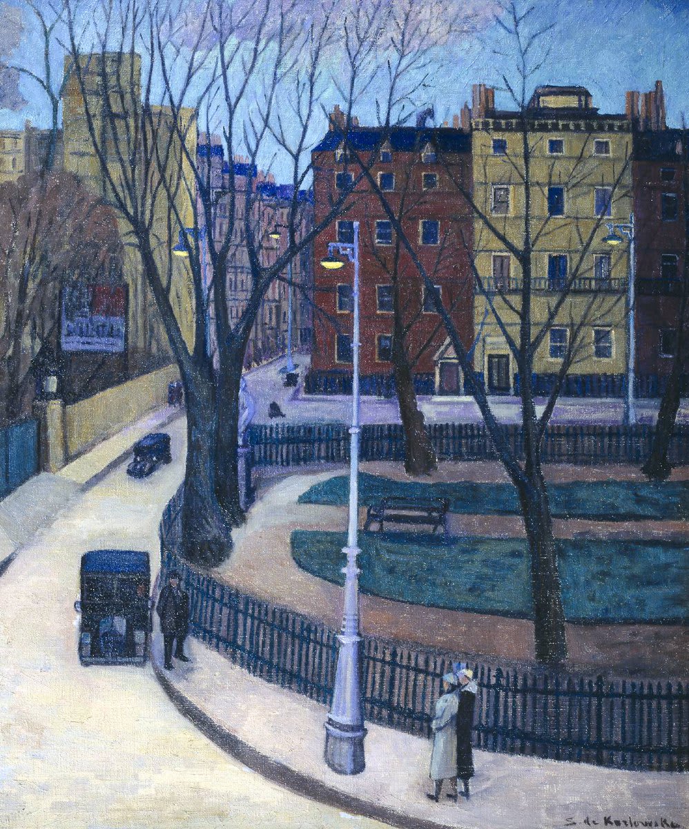 Here come dark & wintry evenings. Stanislawa de Karlowska's twilight painting from 1935 shows Berkeley Square, near Green Park station. Her eerie scene captures the dim yellow of glowing street lamps, bare branches & violet shadows.