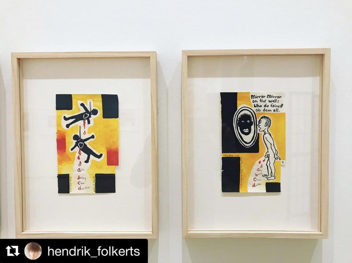 From curator Hendrik Folkerts: "A very special day, installing Gordon Bennett’s “Notepad Drawings” (1995), presented for the very first time in the US. The work of this pioneering Australian artist confronts the history and psychologies of colonialism"...