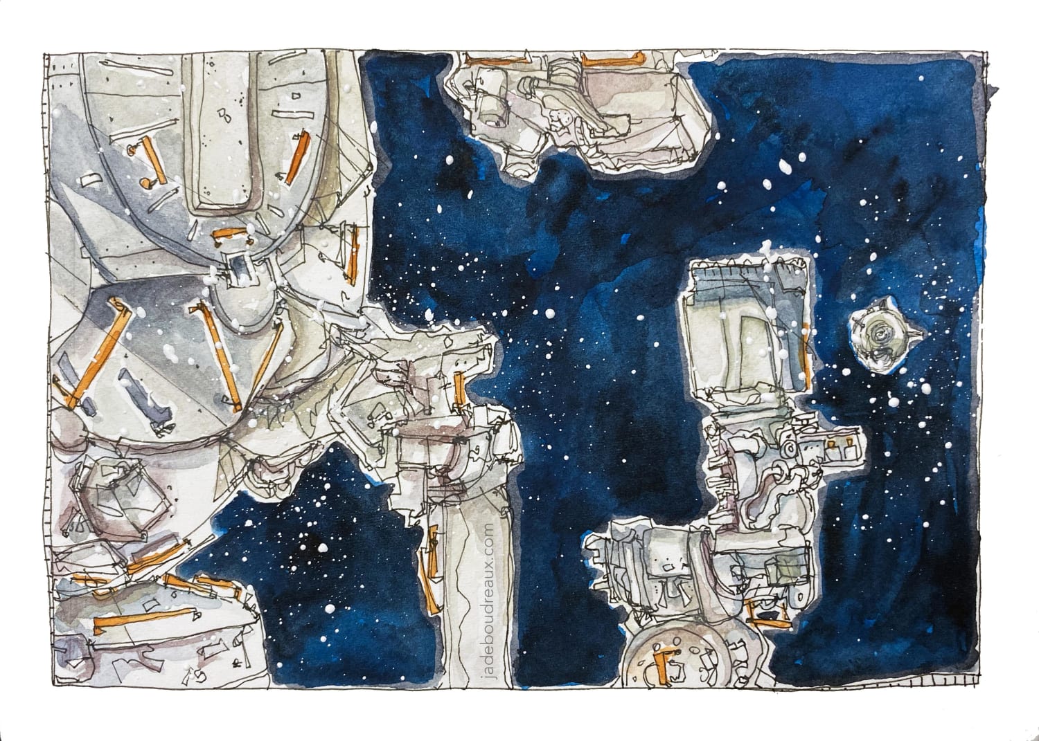 Dragon capsule approaching the ISS (watercolor + ink)