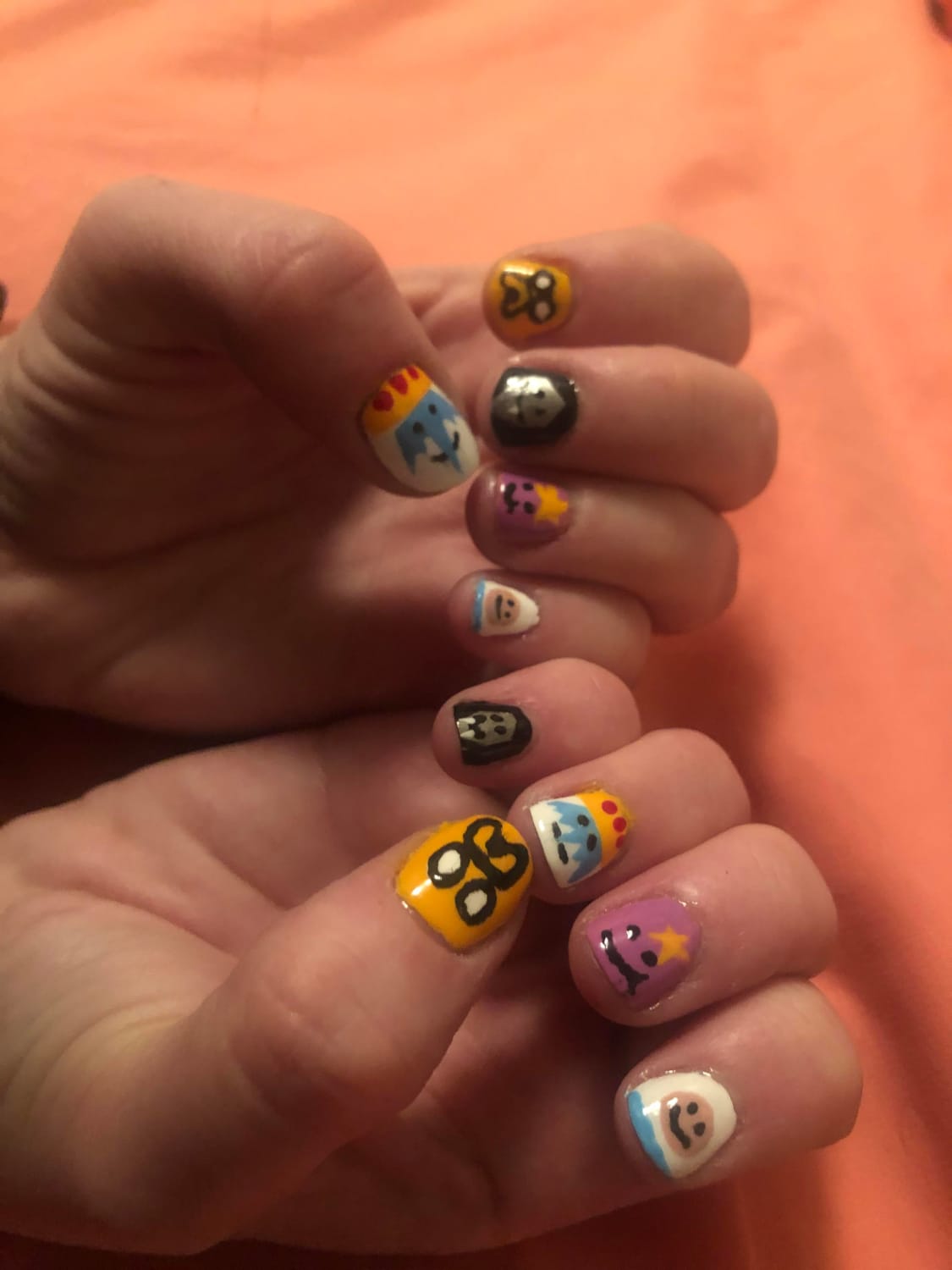 Adventure Time themed nail art that I did on my nails! It’s one of my first attempts at nail art and I’m pretty happy with how it turned out.