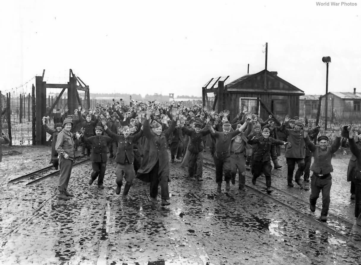 U.S. 9th Army liberates Russian prisoners from Stalag 326; April 2, 1945. Located near Schloß Holte-Stukenbrock, in North Rhine-Westphalia, Germany.