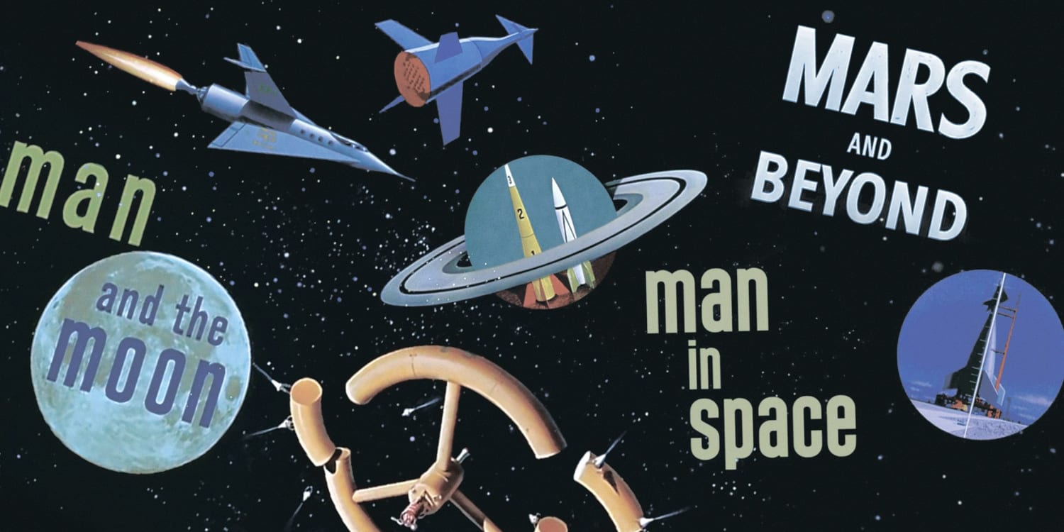 In 1955 Walt Disney needed to sell Tomorrowland, a futurist park, so he recruited science experts Wernher von Braun, Willy Ley, and Heinz Haber for three films: Man in Space, Man & the Moon, and Mars & Beyond. It was the first time millions of Americans witnessed animations of a future in space.