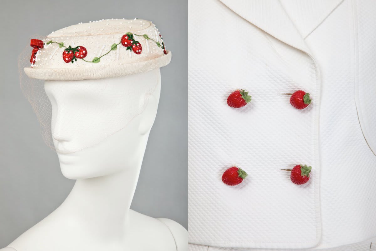 Both Franco Moschino and Elsa Schiaparelli were known for their quirky irreverent takes on fashion. Despite being designed over 40 years apart, both used a white backdrop to make strawberries the star of the show.