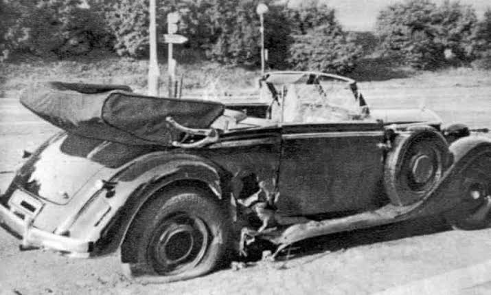 The aftermath of the car, after the successful assassination attempt on SS-Obergruppenführer Reinhard Heydrich on the 27th May 1942 in Czechoslovakia. Heydrich succumbed to his injuries on the 4th June 1942