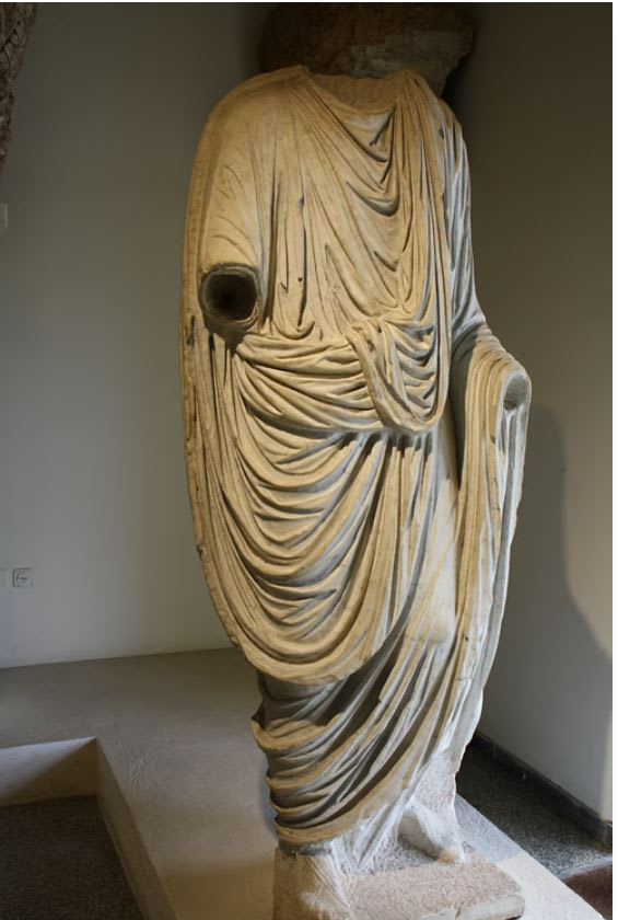 The toga was a garment worn by men who were citizens of Rome which consisted of a single length of wool cloth cut in a semicircle and wrapped around the body of the wearer without any fastenings. The Roman toga was a clearly identifiable status symbol.