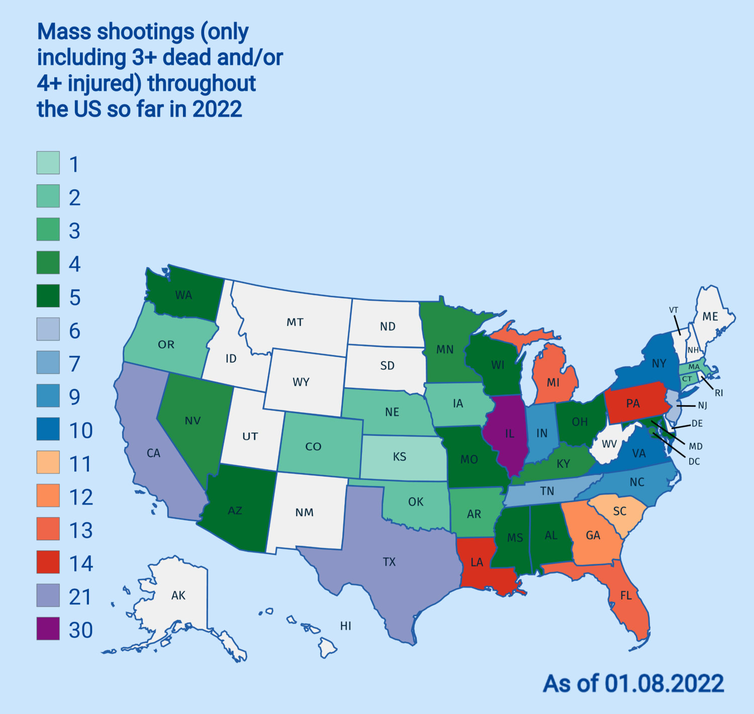 Mass shootings so far in 2022. Not taking population into account.