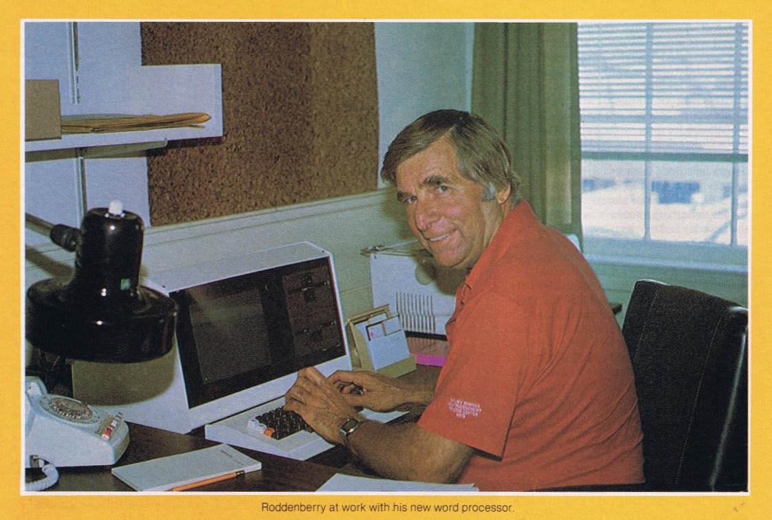 Star Trek creator Gene Roddenberry with his new word processor, pictured in Starlog, October 1981.