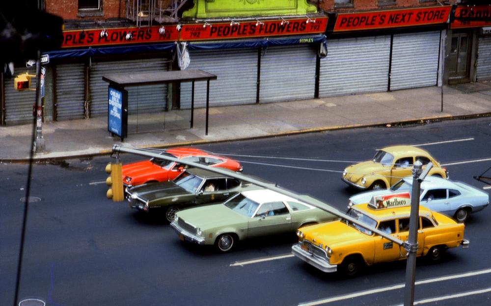 Six different cars at a stoplight on a Sunday morning in Manhattan, New York (1978)