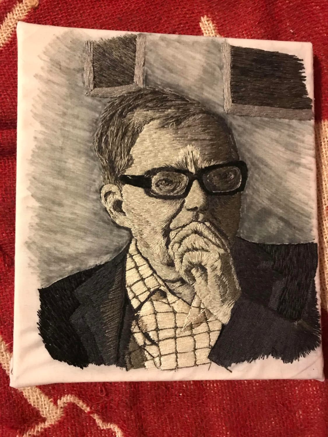 Shostakovich embroidery #4. I've shared these on the shostakovich sub but not here, and I've had a couple of inquiries about them, so here they are, starting with the most recent. Based on a photo from June, 1975. All done with one strand of silk embroidery thread using needlepainting techniques.