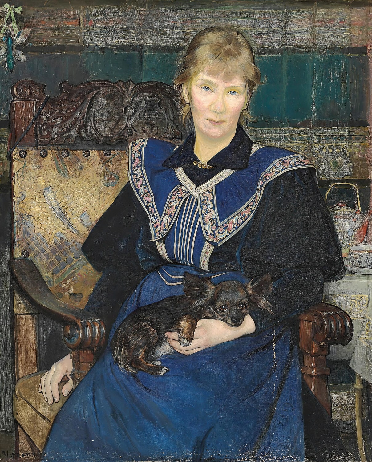 Bertha Wegmann (1847-1926) - Woman in a blue Dress and a little Dog on her Lap