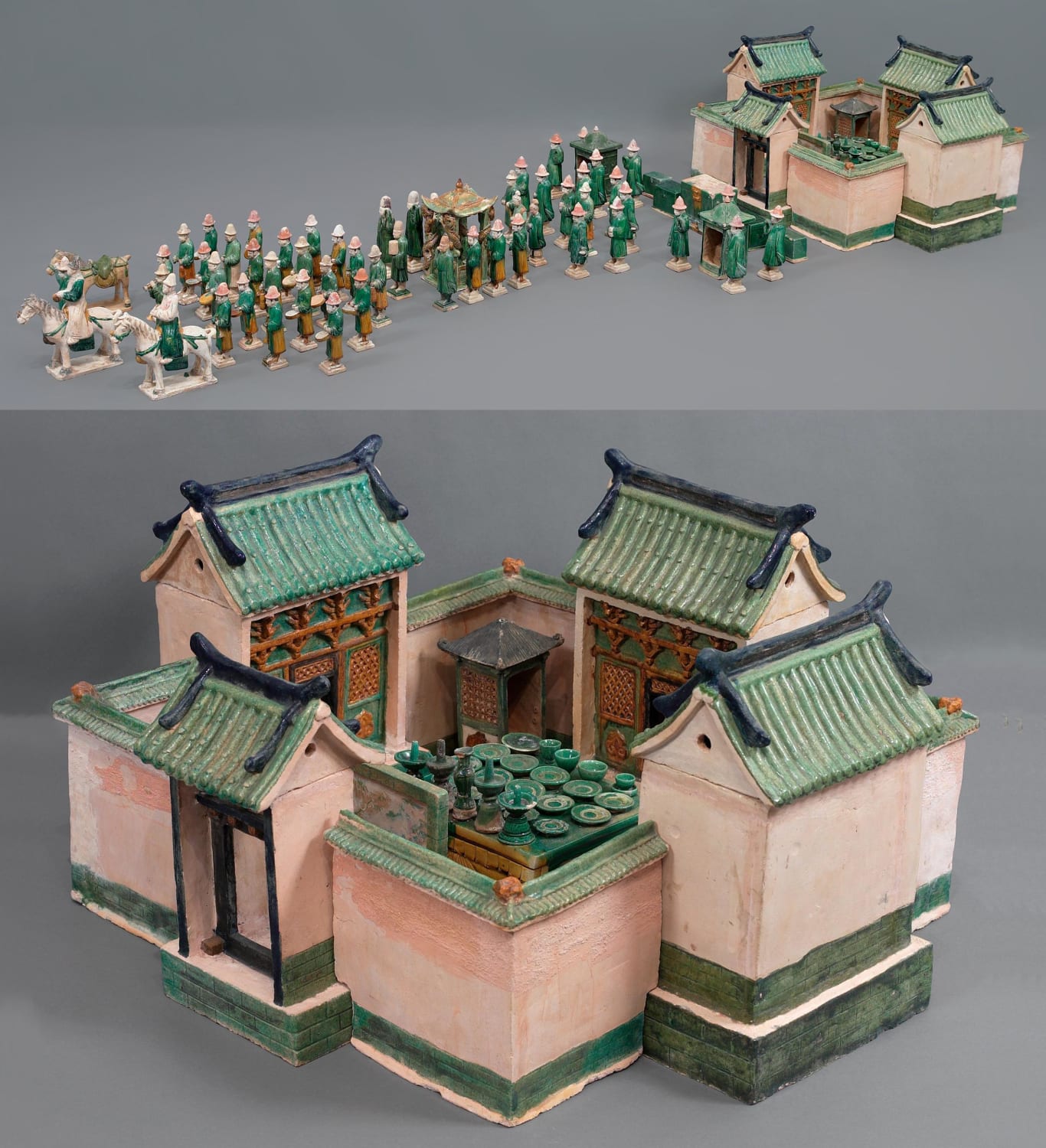 Ceramic model of a wedding procession, and courtyard building with feast table. China, Ming dynasty, 1368-1644