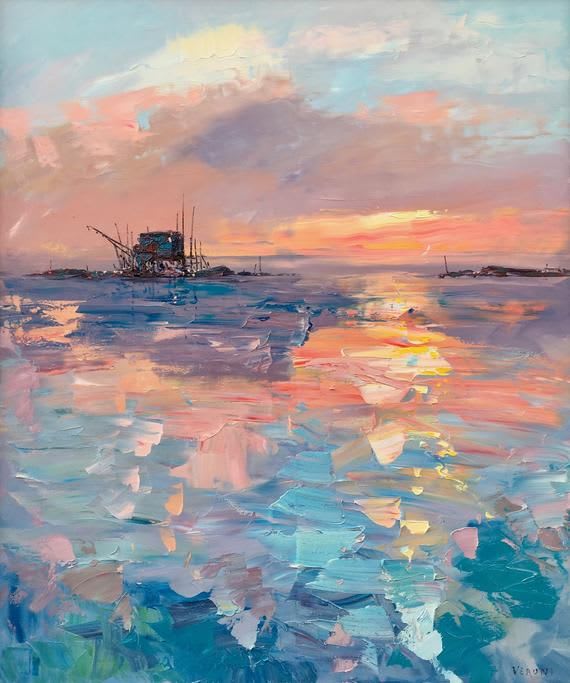 Abstract Sunset Painting on Canvas, Original Art, Ocean Painting, Seascape Painting, Impressionist Painting, Vertical Wall Art, Small Art