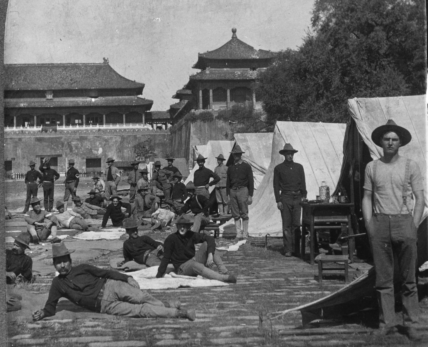American soldiers camp inside the Forbidden City during the occupation of Beijing, Imperial China, 1900