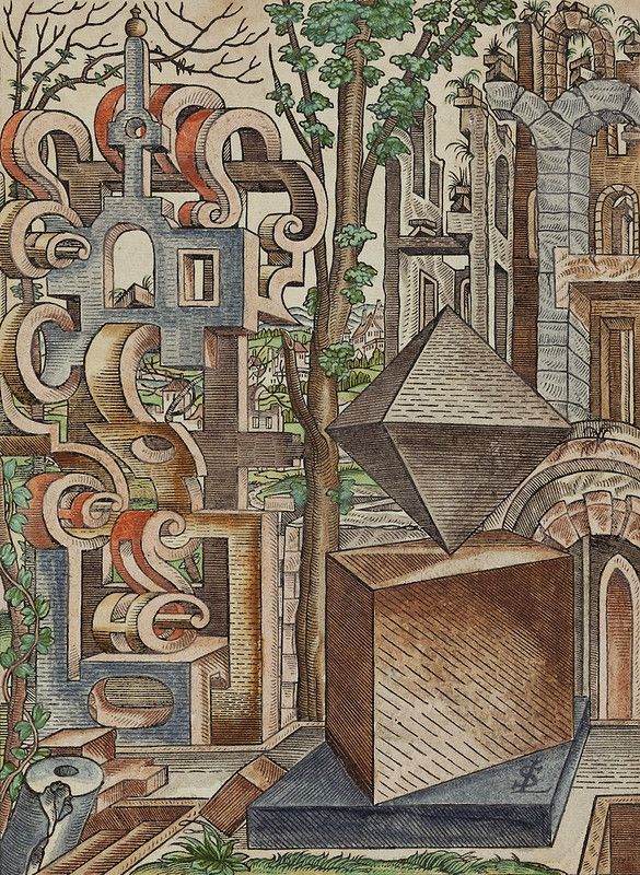Woodcuts from Lorenz Stoer’s Geometria et Perspectiva, 1567. From Stoer's unique, image-based treatise on linear perspective — in each woodcut a complex polyhedron or combination of solids are embedded in a kind of dreamlike ruinscape. More here: