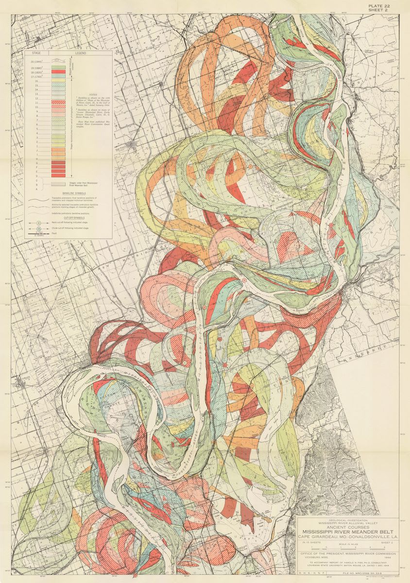 Stunning set of maps depicting the changing course of the Mississippi River over millennia, created by US Army engineer Harold Fisk in 1944: https://t.co/t1jIwrdaLN Featured in our new book Affinities: https://t.co/edHhIH2Wbj And prints available here: