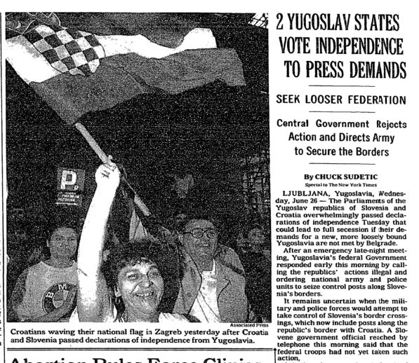 Both the parliaments of Slovenia and Croatia passed declarations of independence from Yugoslavia, on this day in 1991