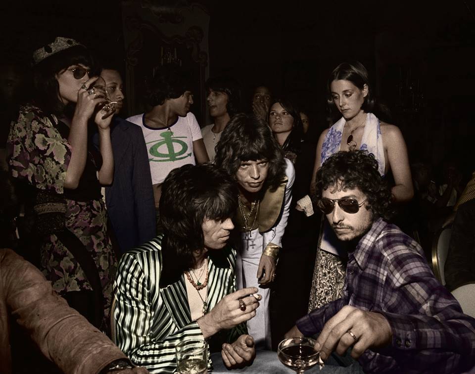 Keith Richards, Mick Jagger, and Bob Dylan at Jagger's 29th Birthday Party in NYC (1972)
