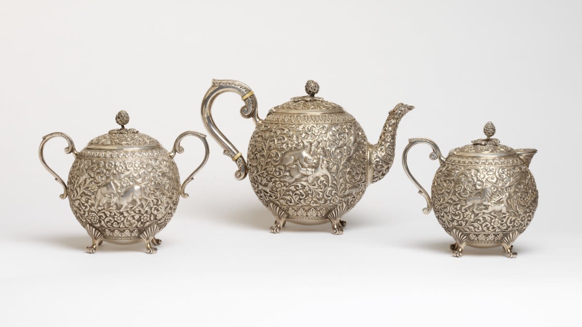 Silver & stylish! This distinctive tea set was made in India between 1880-1890. The work of the renowned Oomersi Mawji, Court Silversmith to the ruler of Kutch. Kutch, now in the state of Gujarat in Western India was a major centre of silverware production in the 19th century