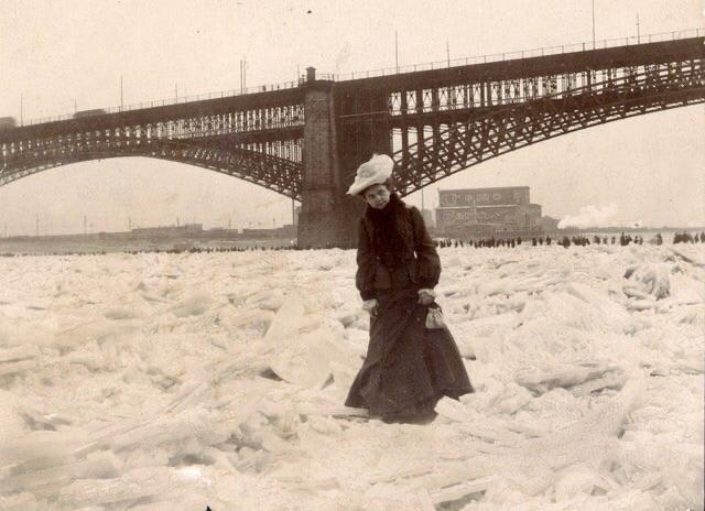 A woman standing in the frozen Mississippi river, St. louis, Missouri, taken in February 1905.