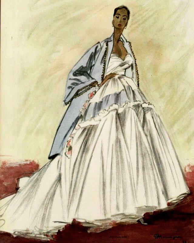 Christian Dior's post-war New Look designs were all about volume and classic femininity, as perfectly encompassed in this 1948 evening gown design, illustrated by Pierre Mourgue.