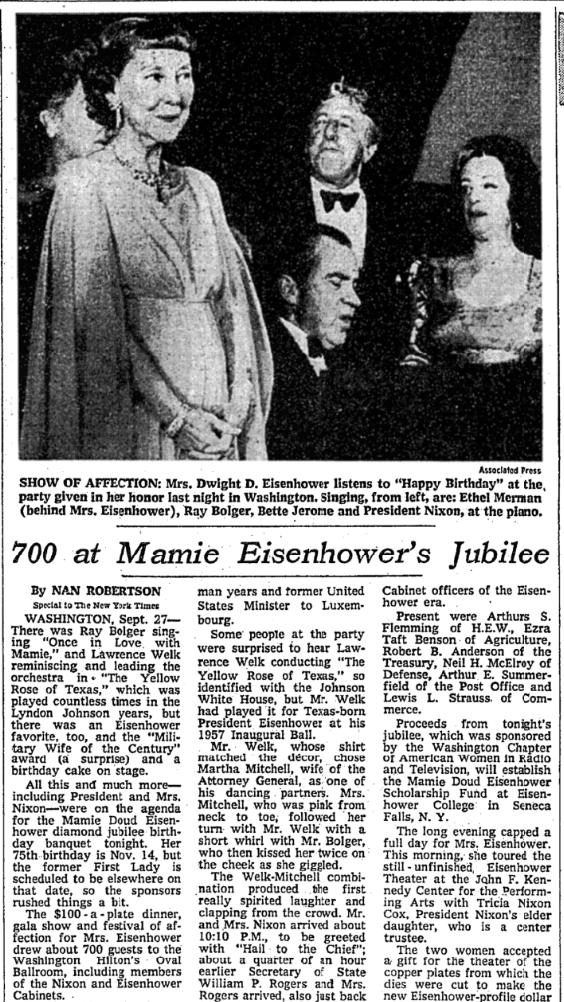 700 guests attended a banquet in Washington for Mamie Eisenhower's 75th birthday, today in 1971