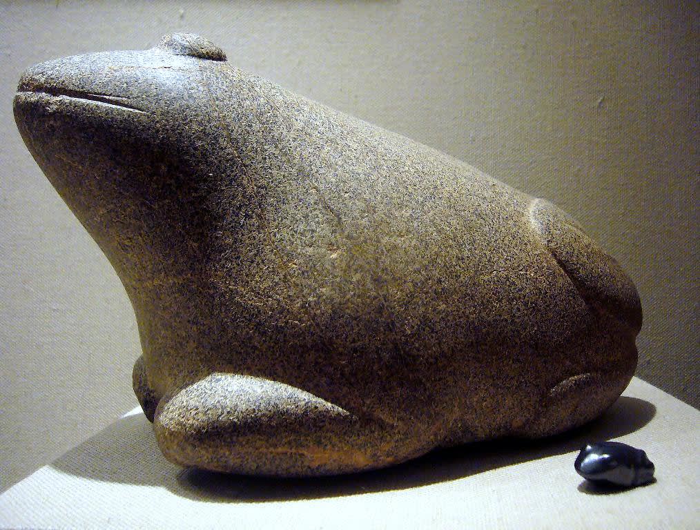 Weights in the shape of frogs. The bigger one is from the Old Babylonian Period (2000–1600 BCE) while the smaller one is either from Cyprus or Western Asia and dates back to the early 2nd millennium BCE. Now housed at the Metropolitan Museum