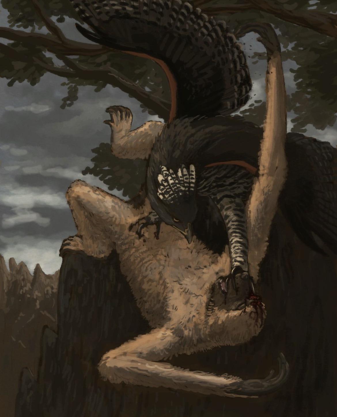 A Malagasy crowned eagle making a meal out of a giant sloth lemur, Palaeopropithecus