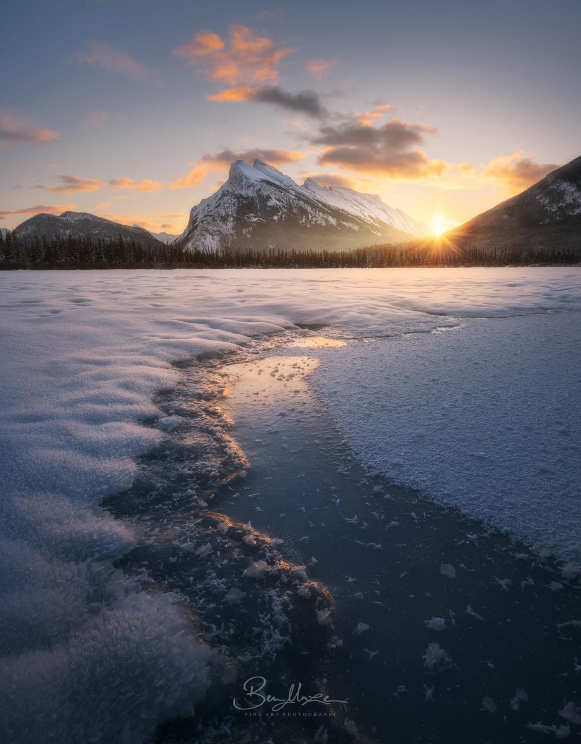 Mount Rundle looking over Vermilion Lakes in Banff, Canada during a beautiful winter sunrise