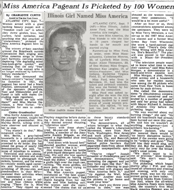 Fifty years ago today, women protested the Miss America pageant, throwing girdles, bras, hair curlers and false eyelashes into a "freedom trash can"