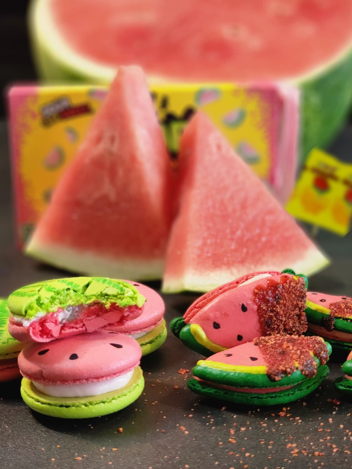 It's watermelon season! So I decided to make some Sour Patch watermelon and sandia chamoy macarons (inspired by those Mexican lollipops I used to eat as a kid )