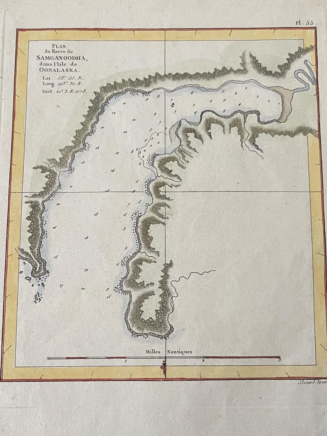 1778 hand drawn map of Samganoodha Harbour on Unalaska Island. I cannot find the actual harbour anywhere on Google maps, or anything that looks similar. Awesome bits of history to own though.