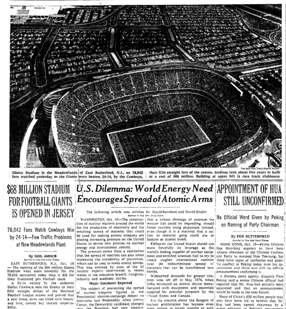 The $68 million Giants Stadium in East Rutherford, N.J., was opened on this day in 1976. The Giants were defeated by the Dallas Cowboys in the inaugural game played there.